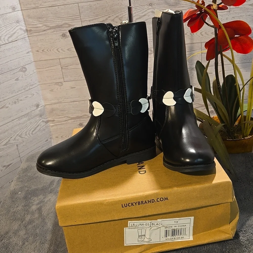 Lucky Brand Kids Black Boots with White Accent Sz 13